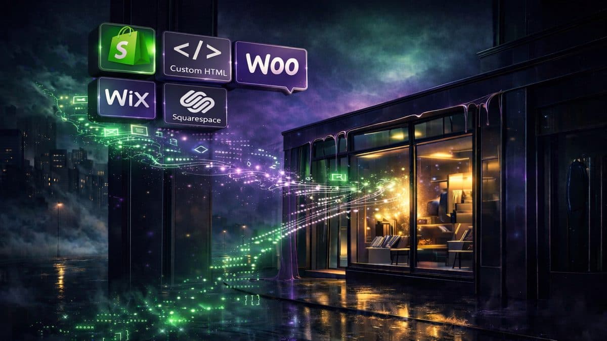 Ecommerce platform logos including WooCommerce Shopify and Wix connected by glowing data streams to an online store at night