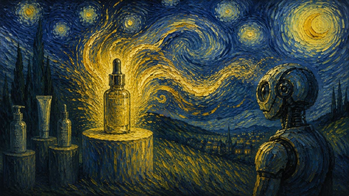 Surreal painting of an AI system instantly understanding one product by its meaning while passing over another that only has structure