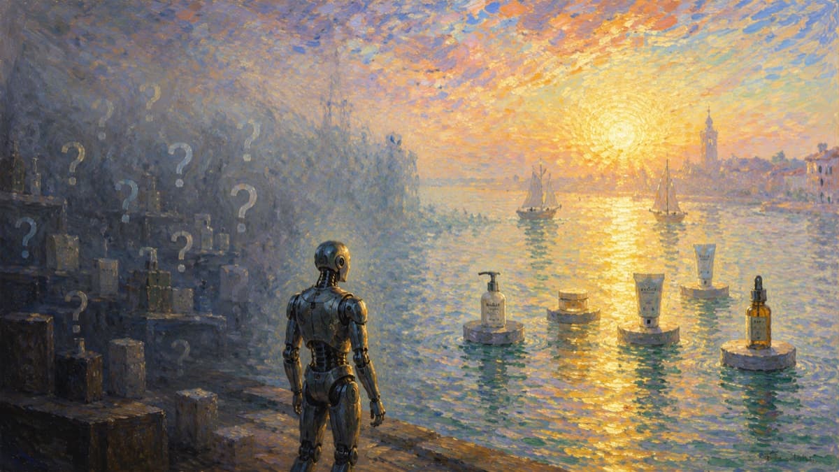 Surreal painting of a machine-ready catalog being delivered to AI agents and shopping platforms after the audit