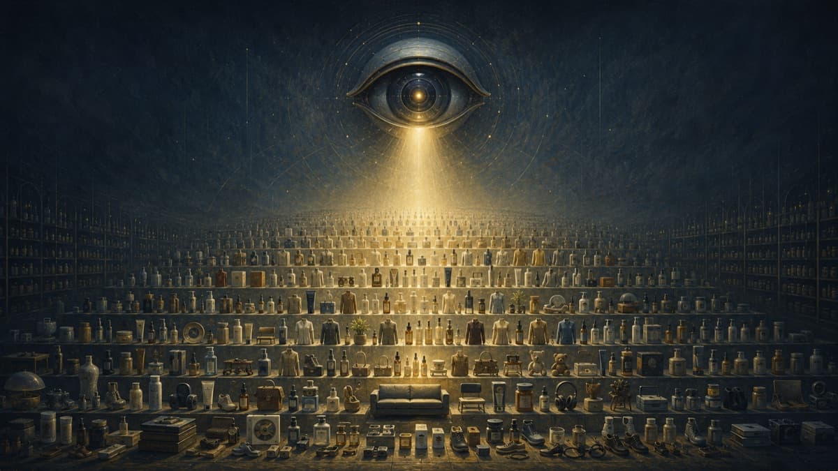 A vast product catalog surveyed by a giant AI eye under a golden beam — seeing the catalog through the eyes of AI.