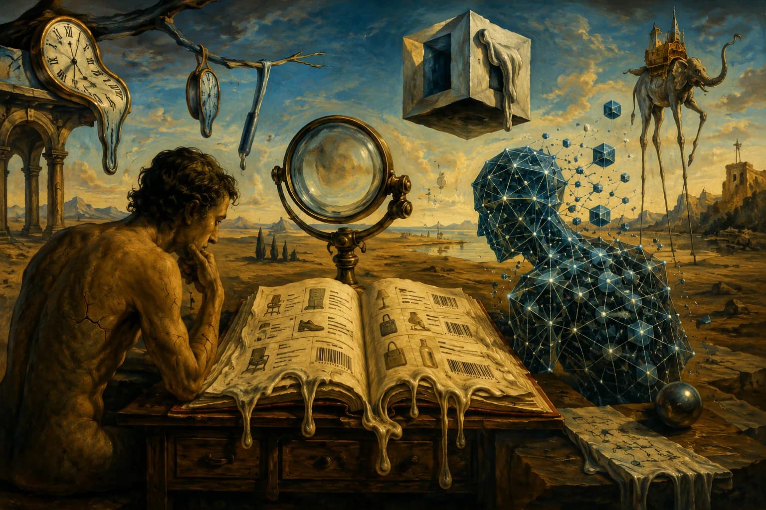 Surreal painting of three readers examining a product catalog — a human, a magnifying glass, and an AI data structure.