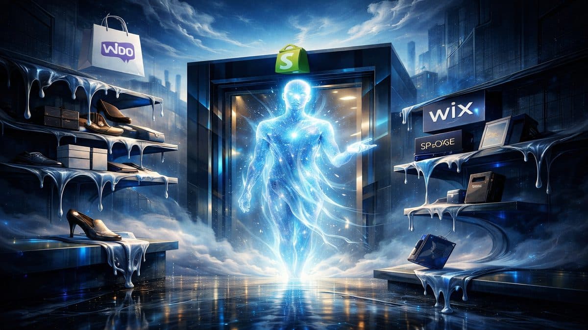 Digital salesperson emerging from a Shopify storefront surrounded by ecommerce platform logos in a surreal Dalí-inspired scene