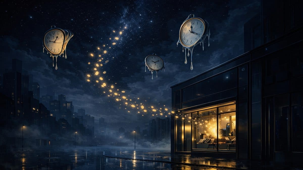 Melting clocks floating over a glowing online store at night with golden particles escaping into the dark sky representing lost after-hours sales