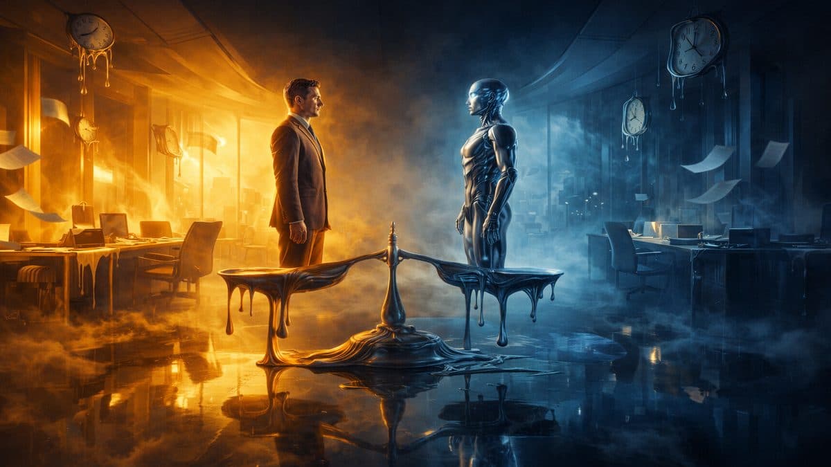 Human employee and AI digital figure standing on opposite sides of a melting balance scale comparing customer service approaches