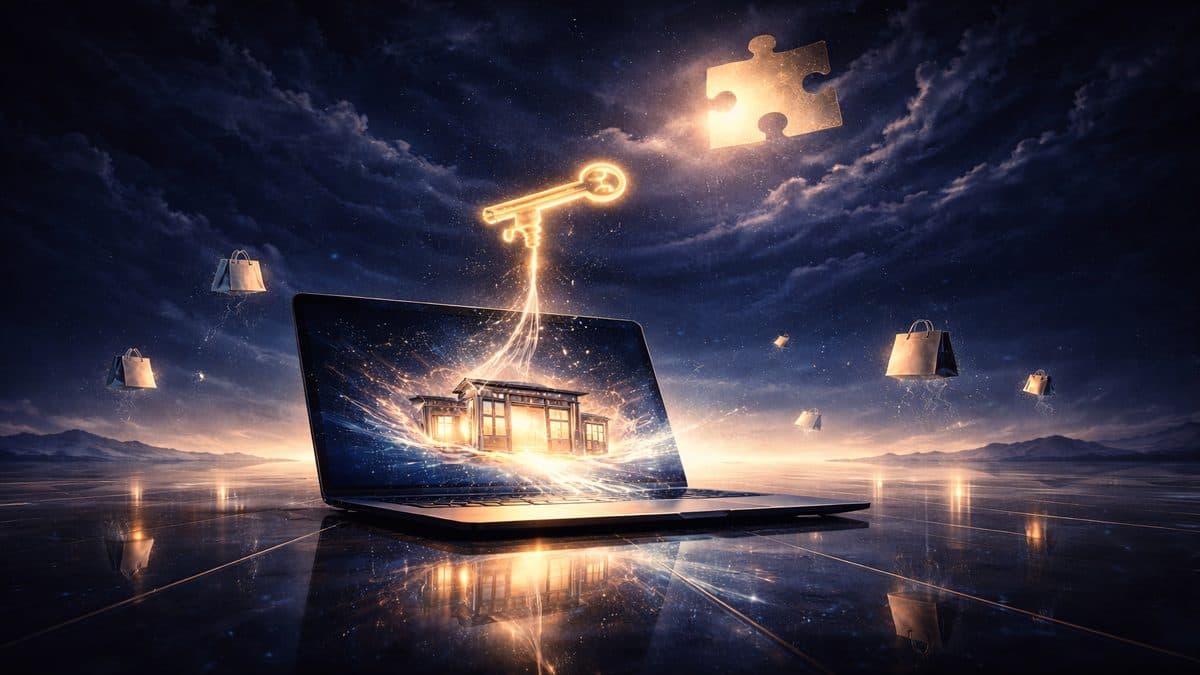 Laptop displaying an online store with a golden key and puzzle piece floating above it while shopping bags fade into darkness representing unanswered shopper questions
