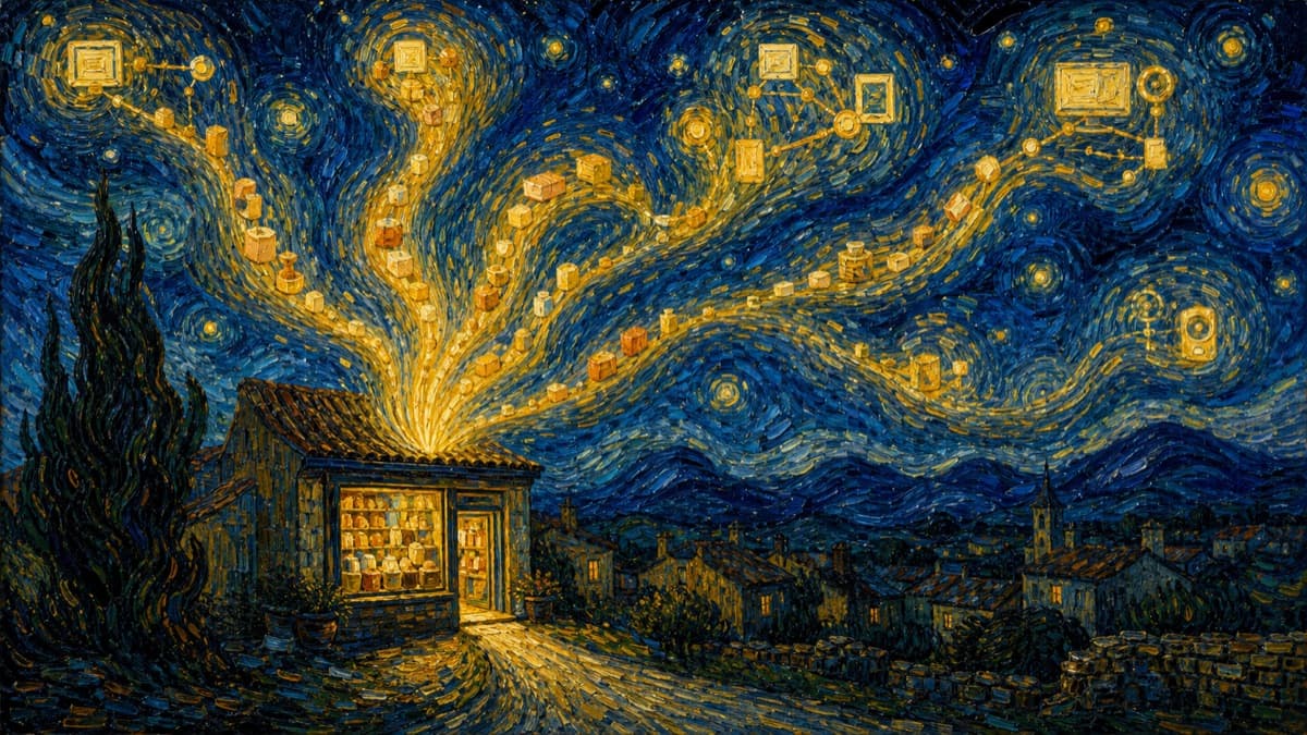 Illustration of a single-channel store whose catalog is read by AI systems