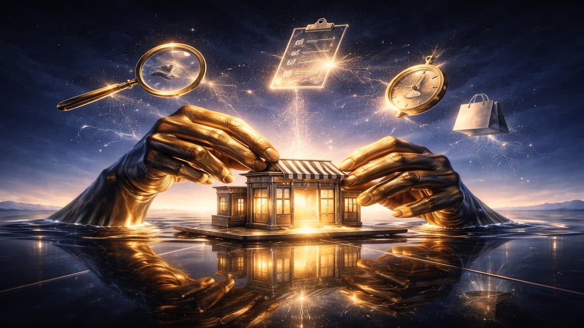 Giant golden hands carefully placing a miniature storefront while a magnifying glass checklist clock and shopping bag float above in a surreal setup guide scene