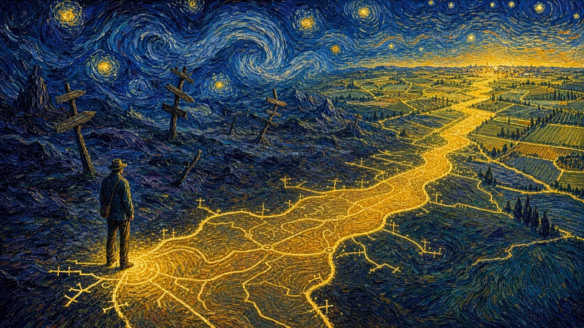 Illustration of a disoriented merchant finding the beginning of a map