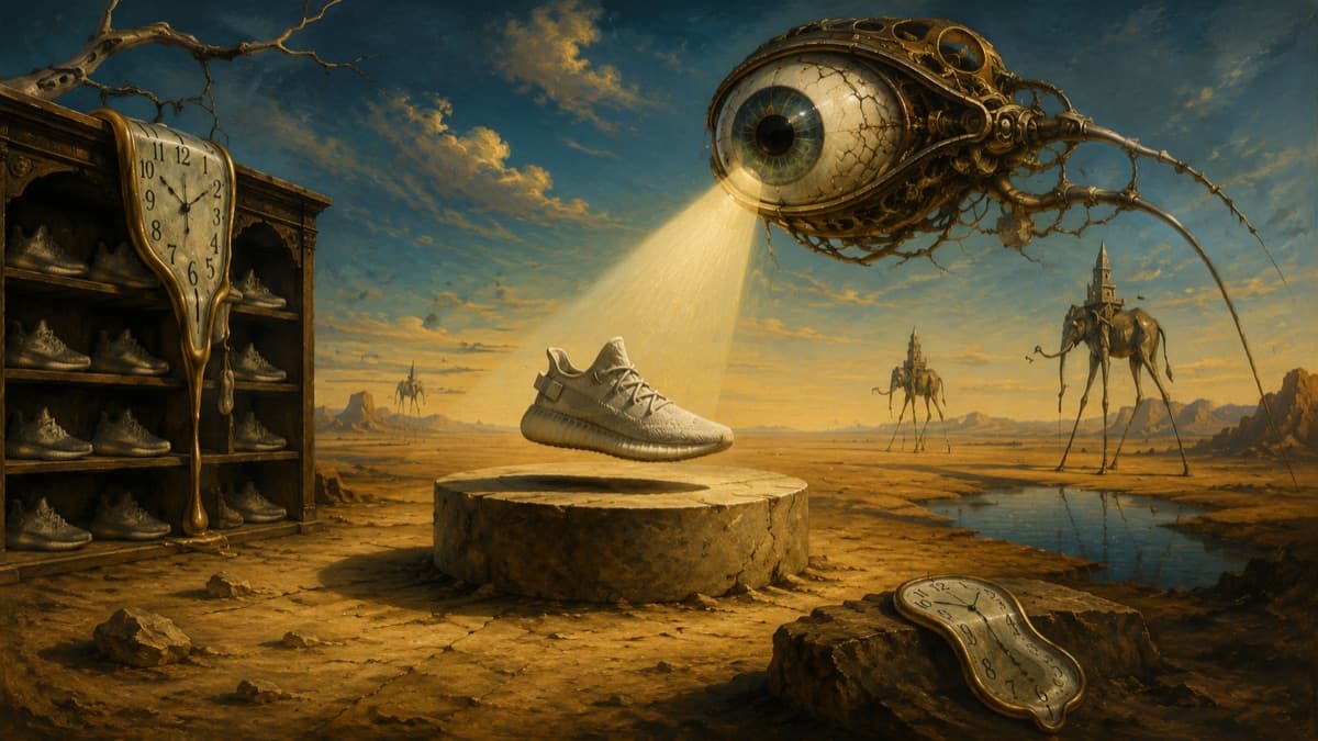 Surreal Dalí-inspired desert scene where a mechanical AI eye beams light onto a single product on a pedestal, with melting clocks nearby