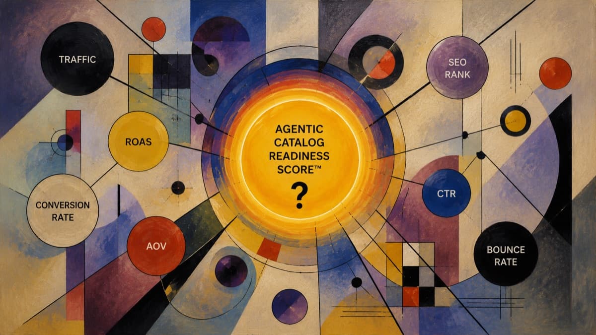 Surreal painting evoking a store's many metrics beside a single missing score — how ready a catalog is for AI agents
