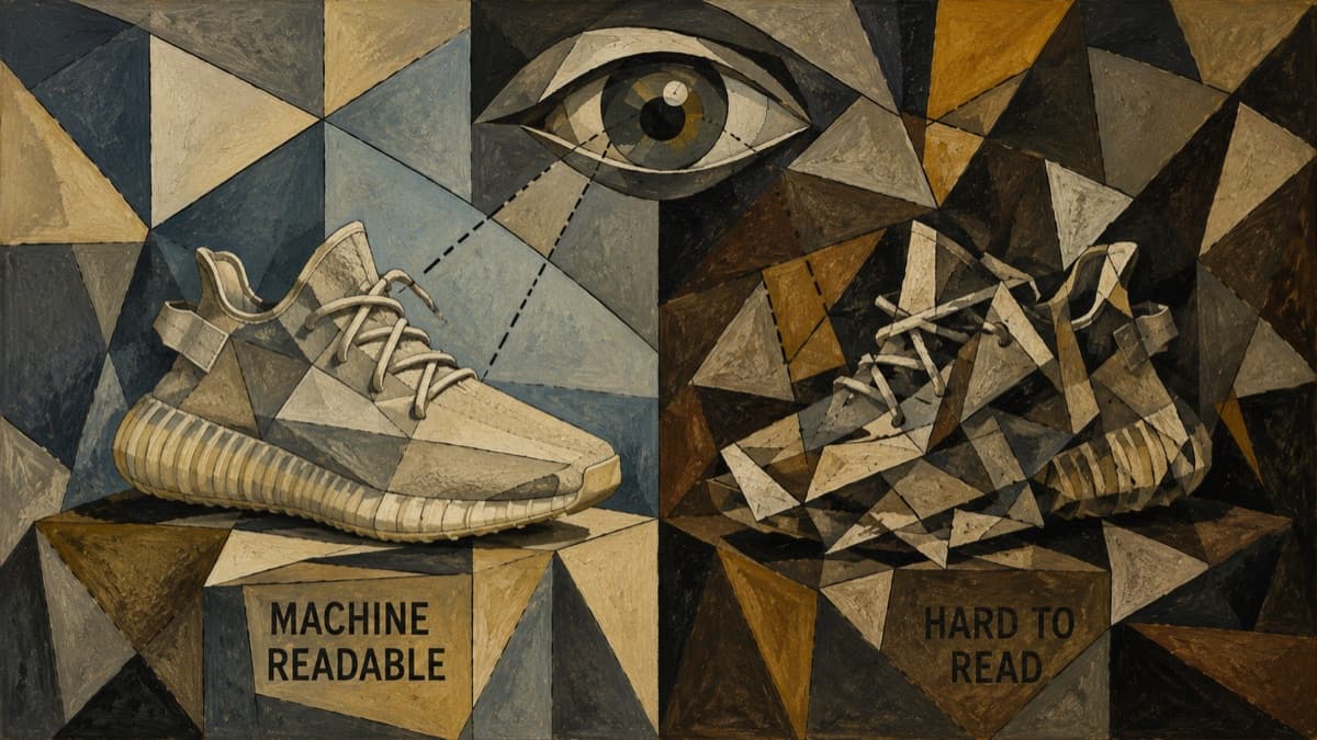 Surreal scene of two near-identical product catalogs read very differently by an AI system across three dimensions of machine readability