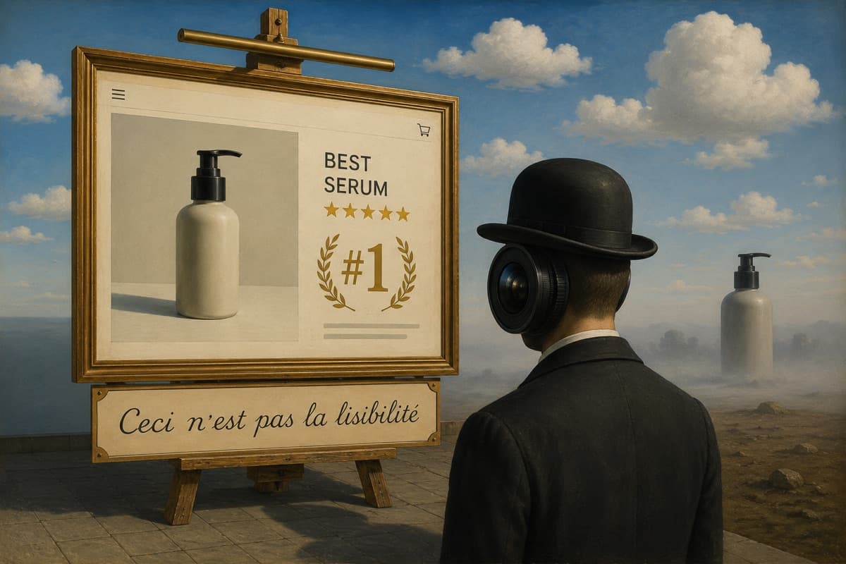 Magritte-inspired painting of a bowler-hatted figure viewing a five-star best-seller product page above the caption Ceci n'est pas la lisibilité — this is not readability