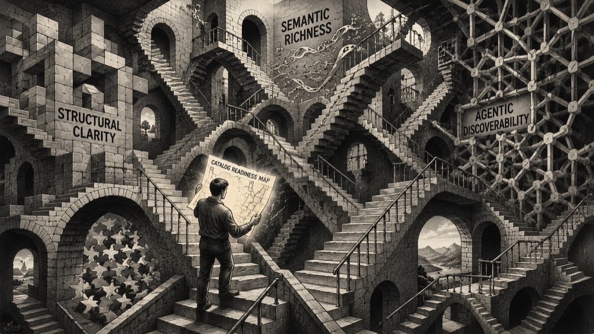 Surreal painting of a catalog readiness report broken apart into three dimensional scores to read by structure, semantics, and discoverability