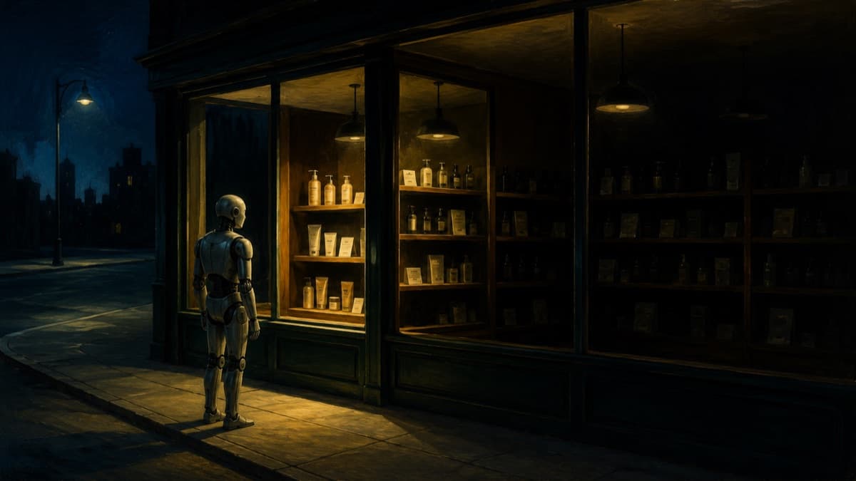 Surreal painting of a product catalog with silent, unseen gaps that an AI agent cannot read