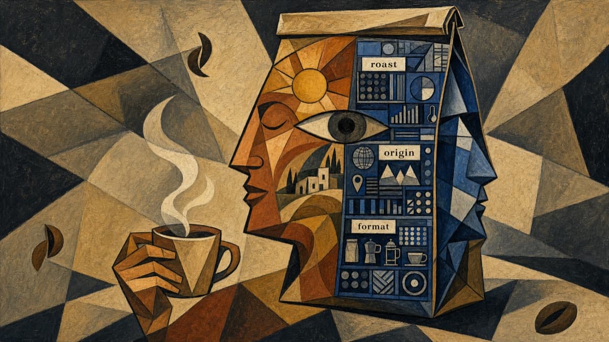 Illustration of one product read two ways — human brand copy and machine data fields