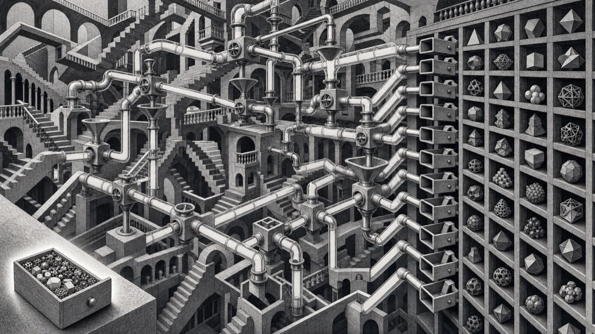 Illustration of elaborate data plumbing carrying empty product fields