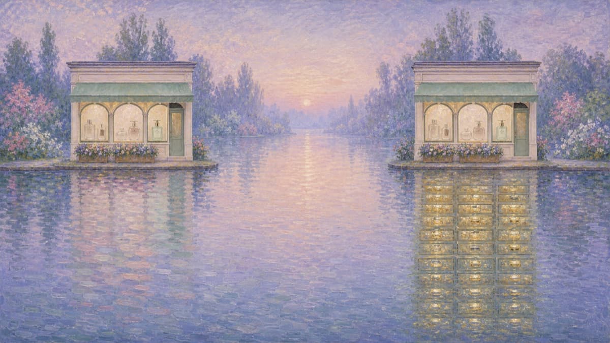 Illustration of a storefront unchanged while its machine data layer fills beneath