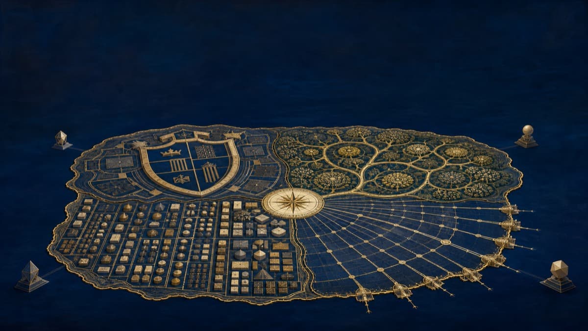 Conceptual artwork of a store territory mapped and illuminated for machine-read commerce.